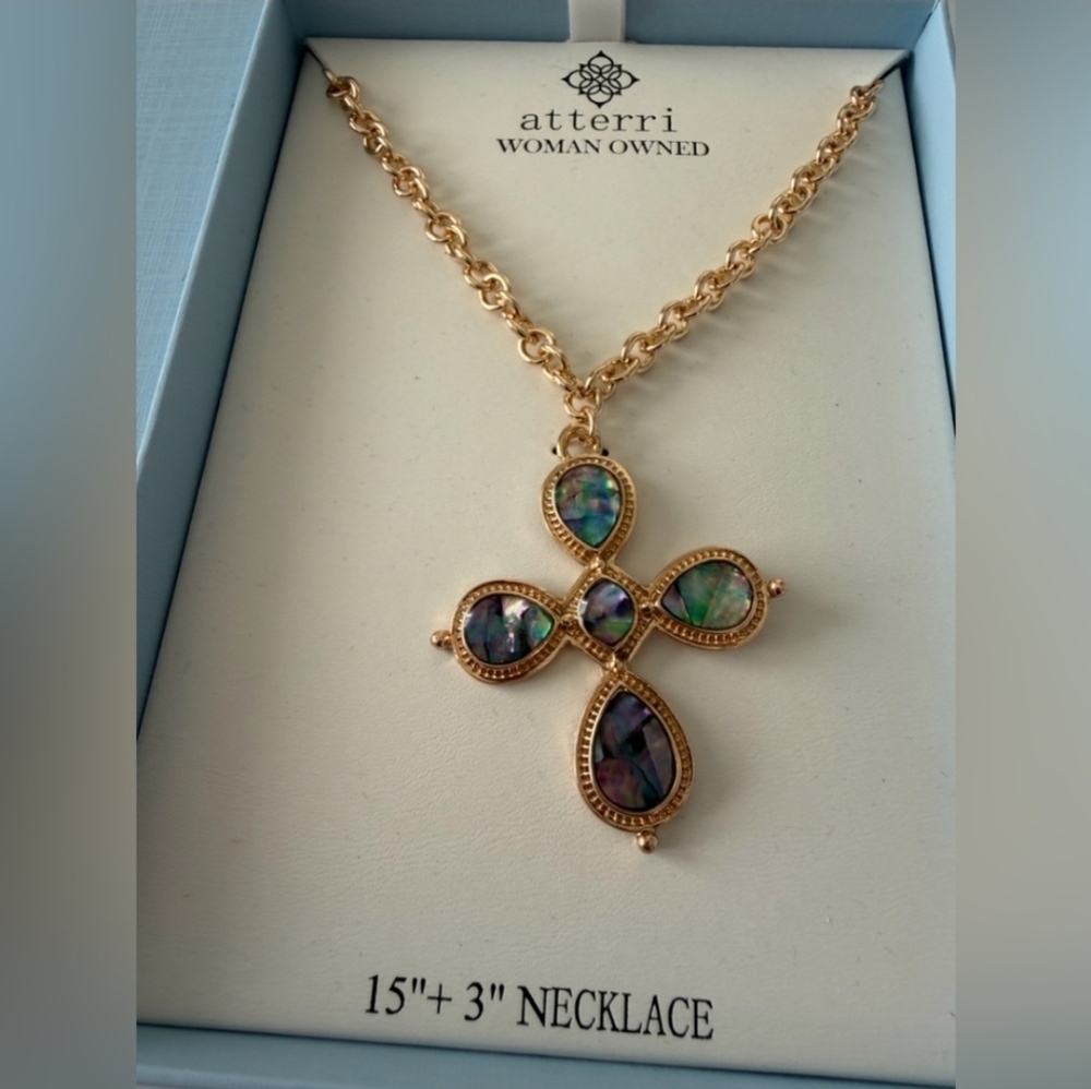 💛▪️Atterri ▪️Gold and Blue Cross  Stone Pendant 15in Necklace